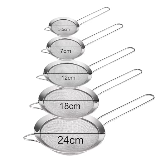 OKHOUSE 5 Pcs Coladores de Cocina de Malla Fina Acero Inoxidable, Colador de Pasta, Separador de Salsa, con Mango Largo,para Cocina Escurridor de Verduras, Harina para Hornear, Freír Drain y Rinse ﻿