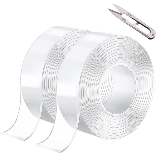 LSXD Cinta Doble Cara, 2 Rollos 5M Nano Tape Extrafuerte Reutilizable y Impermeable con Tijera, Tape Doble Cara Transparente para Pared, Cocina, Baño, Alfombra, Manualidades, Fijación de Fotos