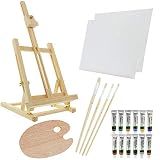 US Art Supply 21-Piece Wood Studio Table Easel & Paint Box Set with 12 Paint Colors, Canvas Panels, Brushes, Wood Palette (Acrylic Paint Kit)