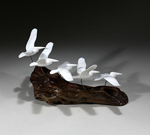5 Pelicans Sculpture Gliding by John Perry 9in long on Burl Statue Pellucida