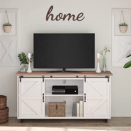 White Farmhouse TV Stand Sliding Barn Door, Modern Rustic Wood