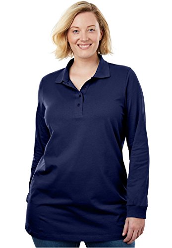 Woman Within Plus Size Long Sleeve Polo Tee - Navy, 2X