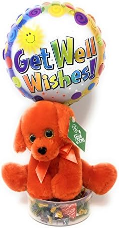 KelliLoon Rainbow Puppy Get Well Bouquet #2009 with Orange Plush Puppy, Balloon and Variety Mix Candy