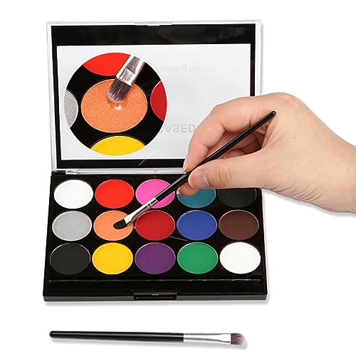 15 Colors Face Body Paint Set, Non Toxic Safe Facepaint, Water Soluble Face Painting Palette with 2 Brushes, Vibrant Pigment Kit for Halloween Cosplay Party Festivals Stage Makeup