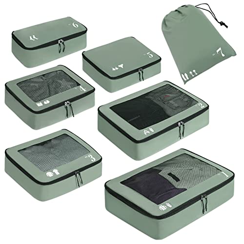 ECOHUB Organizer Suitcases 7 Pieces Packing Cubes Kit Travel Kit Environmentally Friendly PET Travel Accessories Organizer Space-Saving Travel Shoe Holder Organizer Backpack (Green)