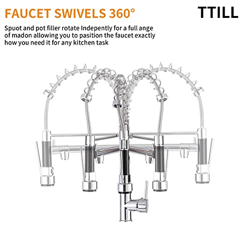 Commercial Kitchen Faucet with Pull Down Sprayer, TTILL Solid Brass Single Handle Spring Kitchen Sink Faucet Two Spout, 360° Rotation, Lead-Free, Chrome Finished