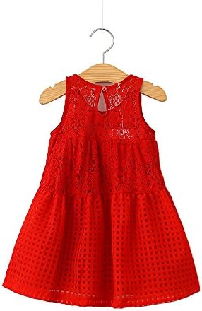 AMZKIDZ Spring and Summer Lace Dress for 2-10 Years Babys and Girls Red 128CM