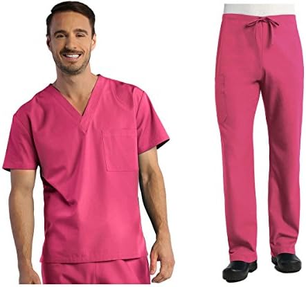 Red Panda by Maevn Unisex V-Neck Top & Unisex Basic Pants Scrub Set (Small Petite, Candy Pink)