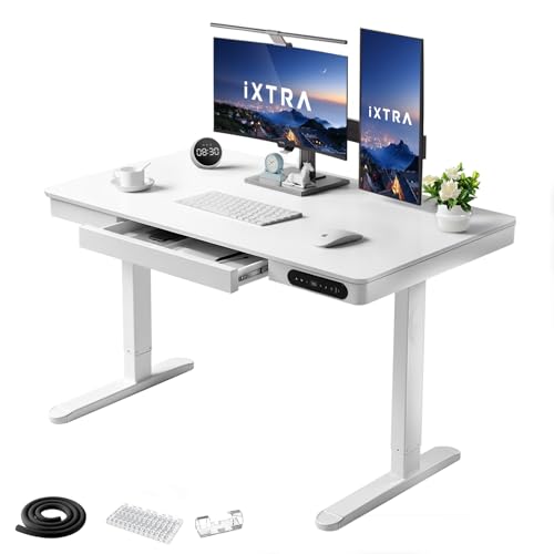 IXTRA Standing Desk with Drawer 120x60cm Whole Piece Tabletop Electric Standing Desk, Height Adjustable Desk with USB Charging Ports, Sit Stand Desk with Storage for Home & Office White