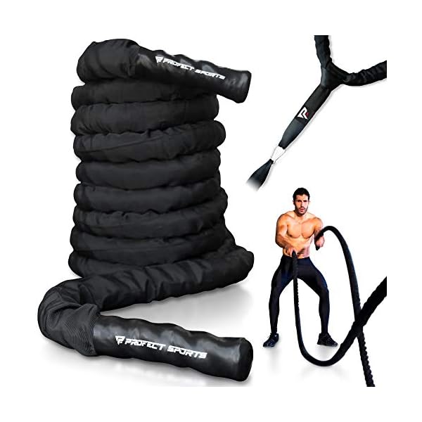 Pro Battle Ropes with Anchor Strap Kit and Exercise Poster â Upgraded Durable Protective Sleeve â 100% Poly Dacron Heavy Battle Rope for Strength Training, Cardio, CrossFit, Exercise Rope