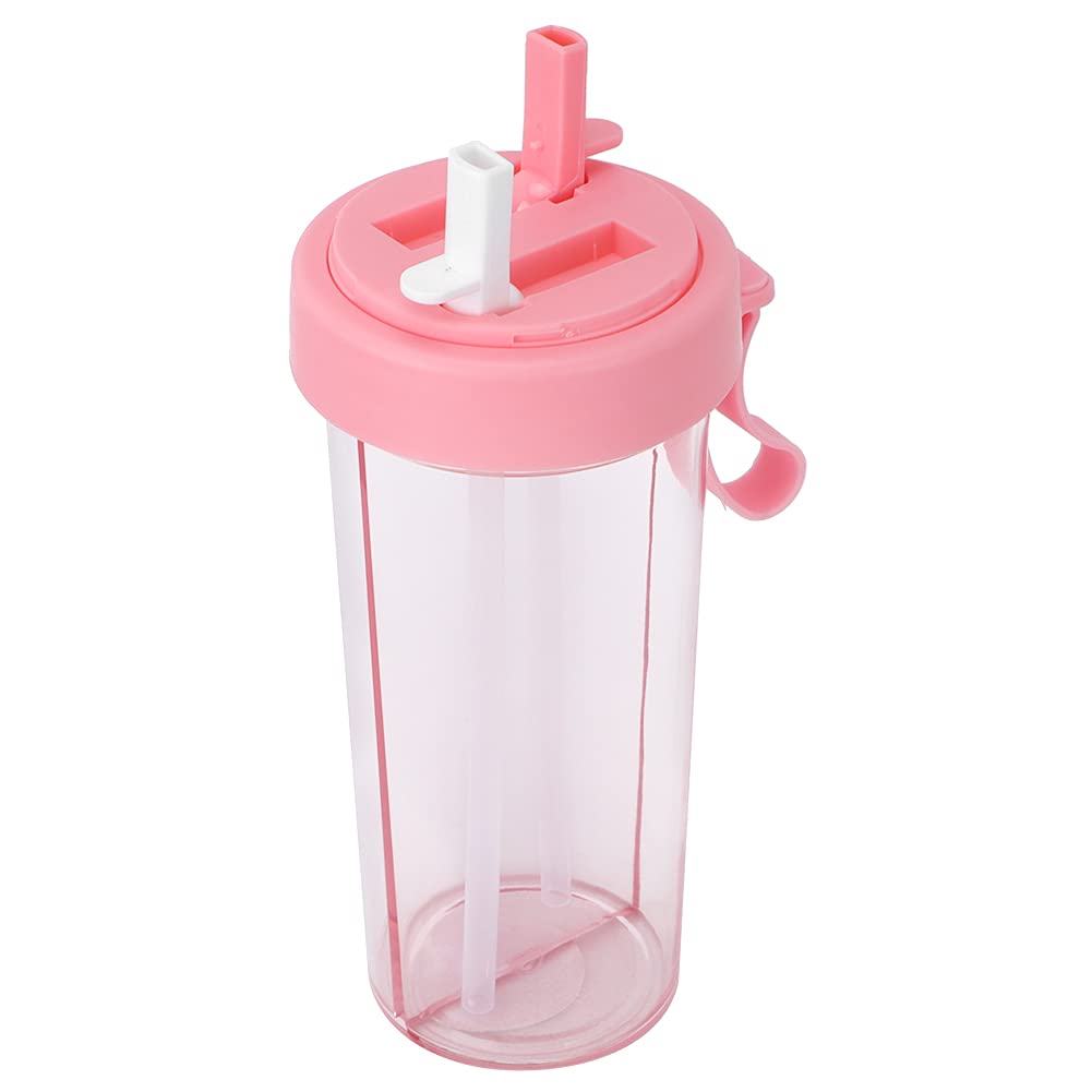 Gsycle Dual Water Bottle, 600ml/21oz Sports Water Bottle Dual-Use Bottle One Cup of Two Different Drinks Portable Two Straws Couple Outdoor Drinking Cup for Hiking Camping(pink)