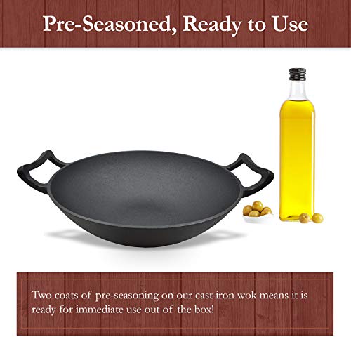 Pre-Seasoned Cast Iron Nonstick Hot Wok Burner Pan with Large Loop Handles - 13" Diameter, 5.5" Wider Flat Base - Includes FREE silicone hot pan handle holders, Great for induction, gas,electric tops