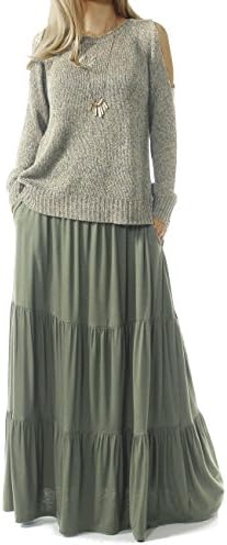 TRENDY UNITED Women's Bohemian Style High Waist Shirring Ruffle Pocket Skirt (S0059-DGRN, M)