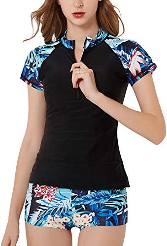 Women's Surf Rash Guard Short Sleeve Zip Front Sun ProtectionTwo Piece Boyshort Swimsuit