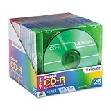 Verbatim 94611 CD-R Discs, 700MB/80min, 52x, Slim Jewel Cases, Assorted
Colors, 25/Pack