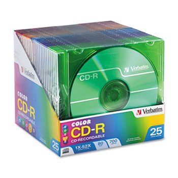 Verbatim 94611 CD-R Discs, 700MB/80min, 52x, Slim Jewel Cases, Assorted Colors, 25/Pack