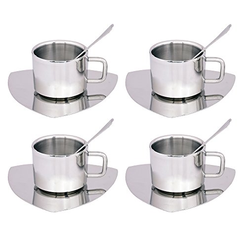 Kosma Set of 12pc Stainless Steel Double wall Coffee Cup | Espresso | Tea Cup 100ml with Triangular Saucer & Tea Spoons (4 Cups, 4 Saucer, 4 Spoons)