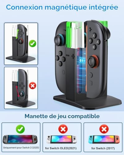 Chargeur Manette Switch 2 pour Joy Con 2 (2025) avec indicateur LED, Noir