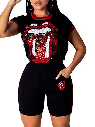 image for NVXIYYA Women Sports Activewear Set Sequins Tongue Print Tunic T-Shirt