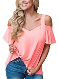 FIYOTE Women Cold Shoulder Coutout Ruffles Casual Tops Blouse Large Size Pink