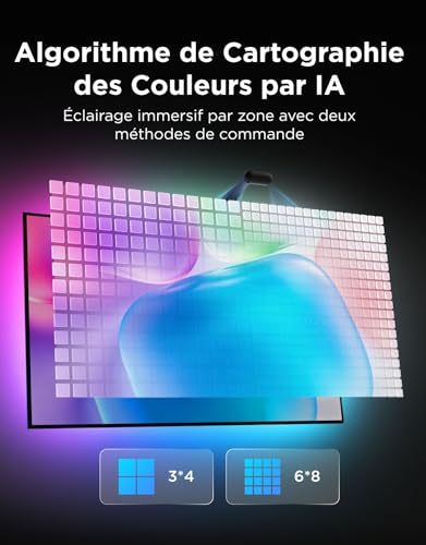 Govee Rétroéclairage TV LED 3 RGBWIC avec Double Caméra 4 MP, Ruban LED de 3,6m synchronisé avec l'écran pour TV 55-65", 60 LED/m, Filtre AI Cinéma, App & Voix, Compatibilité Matter/Alexa