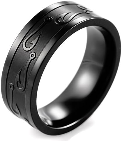 SHARDONMen's 8mm Black Titanium Ring with Engraved Fishhook
