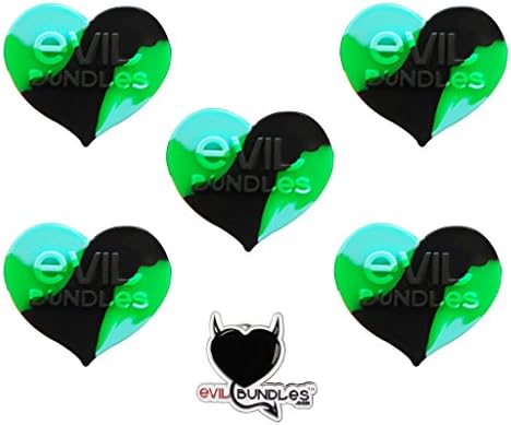 5 Evil Bundles Silicone Concentrate Wax Oil Non Stick Heart Jar Container (Green / Aqua / Black) FREE PIN