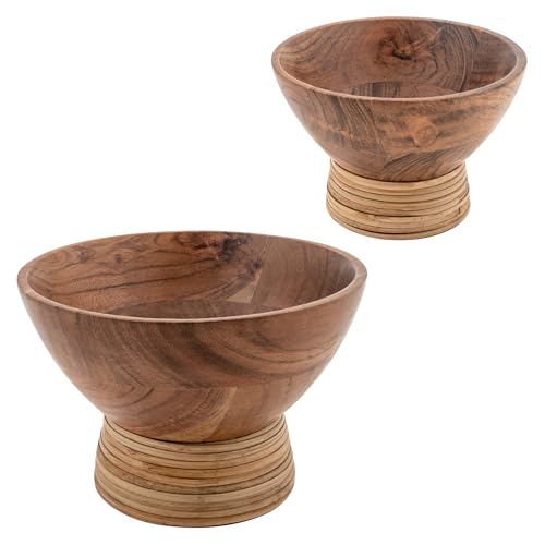 Karma, Acacia Wood Footed Rustic Serving Bowl Set of 2, Wood Accent-Plates Dess…
