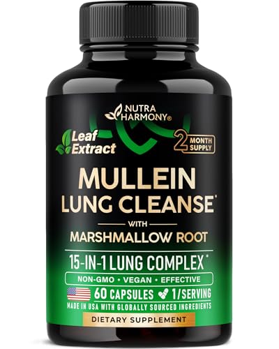Mullein Lung Detox - Mullein Leaf Extract - Marshmallow Root | Echinacea | Oregano | Quercetin | NAC - 15-in-1 Lung Support & Cleanse for Smokers Supplement - Made in USA - As Drops - 60 Capsules