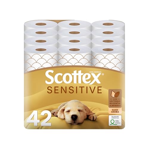 Papel Higiénico Sensitive 42 rollos con 3 capas cuidado delicado gracias al toque de leche de almendras (7 packs de 6 rollos)