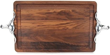BigWood Boards W220-LLH-NI Thick Carving Board with Large Longhorn Handle in Cast Aluminum, 15-Inch by 24-Inch by 1.25-Inch, Monogrammed "BLANK", Walnut