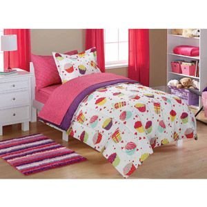 7pc Girl Pink Blue White Green Cupcake Floral Full Comforter Set (7pc Bed in a Bag)
