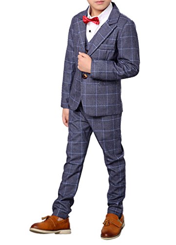 Boys Plaid Gray Blue Red Suit Set with Grid 3 Pieces Jacket Vest Pants Set (10, Gray)