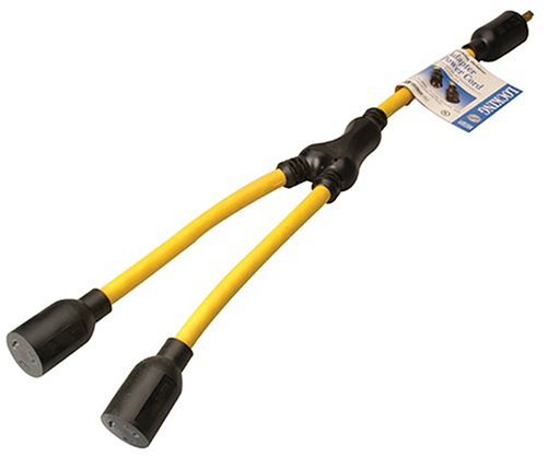 Coleman Cable 90228802 Twist Y Adapter with 3 Locking 20 A NEMA L5-20R Receptacles, 1-to-2 Splitter, Yellow