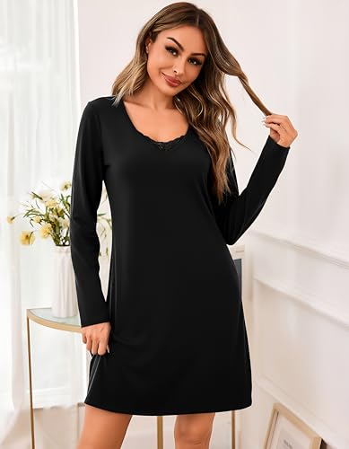 Aseniza Women's Nightgown Long Sleeve Cotton Pyjamas Winter Lace Nightgowns with V Neck Sleepwear