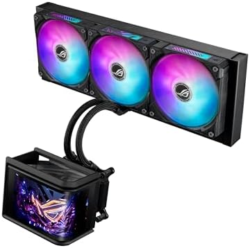 ASUS ROG RYUO IV SLC 360 ARGB All-in-one CPU Liquid Cooler with Shortened tubing maximizes a Clean Aesthetic, Curved 6.67-inch AMOLED Display Supports 3D-Effect Video or Customized System Information