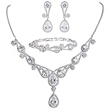 EVER FAITH Women's CZ Lots Hollow-Out Teardrop Necklace Earrings Bracelet Set Silver-Tone