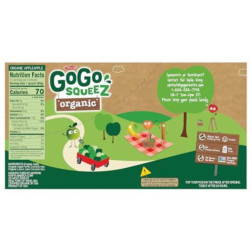 GOGO SQUEEZ ORGANIC APPLESAUCE AND FRUIT PUREE, APPLE APPLE, 3.2 OZ (PACK OF 12), UNSWEETENED ORGANIC FRUIT SNACKS FOR KIDS, GLUTEN FREE, NUT FREE AND DAIRY FREE, RECLOSEABLE CAP, BPA FREE POUCHES