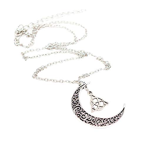 Stylish Crescent Pendant Necklace,Haluoo Girls Silver Crescent Moon Necklace Metal Hollow Moon Geometry Pendant Necklace Sterling Silver Long Sweater Chain Necklace Women Men Jewelry (Silver)