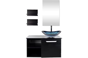 YOURLITE 28" Wall Mounted Bathroom Vanity Modern Lavatory Wood Cabinet with Mirror Blue Boat Tempered Glass Sink Combo Vanities Set
