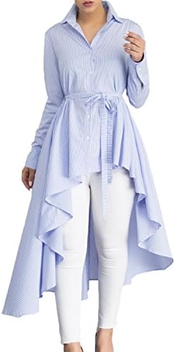 Rainie Love Striped Lapel Shirt High Low Belted Blouse Top(Light Blue/Gray/Pink)