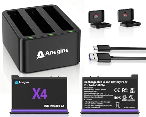 Anegine 2-Pack Insta 360 X4 Replacement Battery 2500mAh and Triple Micro USB Charger Compatible with Insta360 X4 Action Camera Accessories with Misro SD Card Slots (Not for X4 Air)