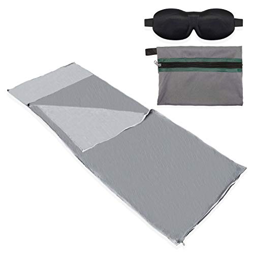 Crescent Guard Ultralight Weight Breathable Sleeping Bag Liner for Hot or Cold Weather with Full Length Zipper for Hotels, Hostels, Camping, Backpacking and Travel Plus Sleeping Mask