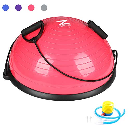 ZELUS Balance Ball Trainer Half Yoga Exercise Ball with Resistance Bands and Foot Pump for Yoga Fitness Home Gym Workout (Pink)