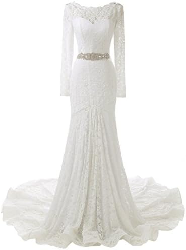 Women's Long Sleeves Lace Wedding Dress Mermaid Bridal Prom Evening Gown