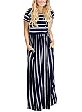 HOTAPEI Women's Summer Casual Loose Striped Long Dress Short Sleeve Pocket Maxi Dress Navy Blue,Medium
