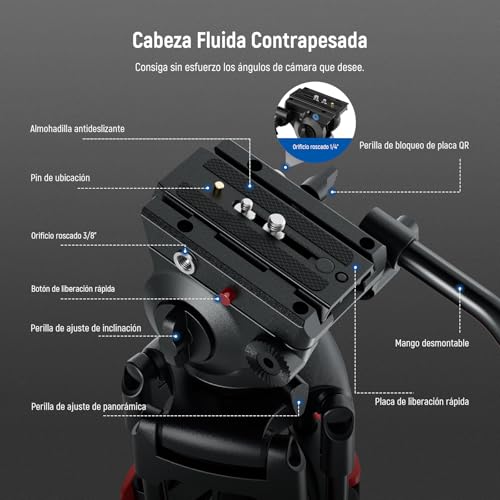 NEEWER 74" Trípode Vídeo Básico con Cabezal Fluido, Trípode Cámara Metal con Amortiguación Suave, Esparcidor Nivel Medio, Placa Liberación Rápida Compatible con 501, Carga Máx 17,6lb, TP37