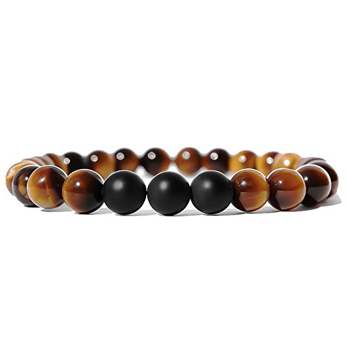 SEVENSTONE 2PCS Black Matte Onyx Prayer Beads Bracelet for Men Women Elastic Natural Stone (B 2PCS)