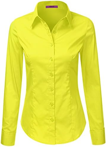 LA BASIC Women's Long Sleeve Button Down Collared Shirts NEONYELLOW S