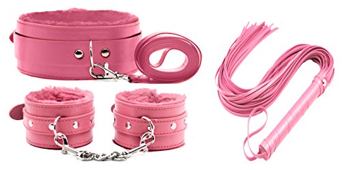 Vipo Durable and comfort 3-Pics Sex Fetish Bondage Restraints with Collar, Floggers, Handcuffs – Cosplay Accessories (Pink)